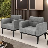 Poltrona Base Madeira Preto Kit 2 Ana Linho Grafite - Ibiza - 2