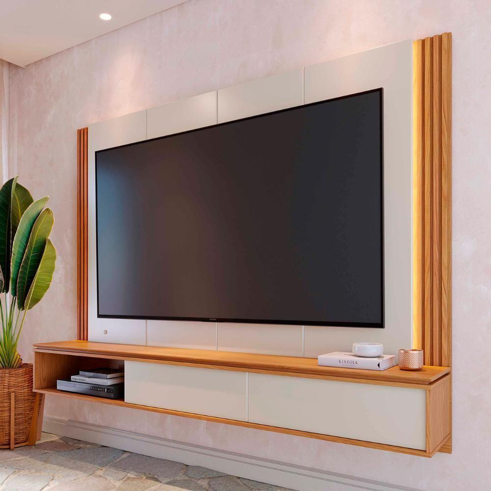 Painel Tv 75 Pol E Bancada Suspensa Trento Off White/freijó C05 - Mpozenato - 2