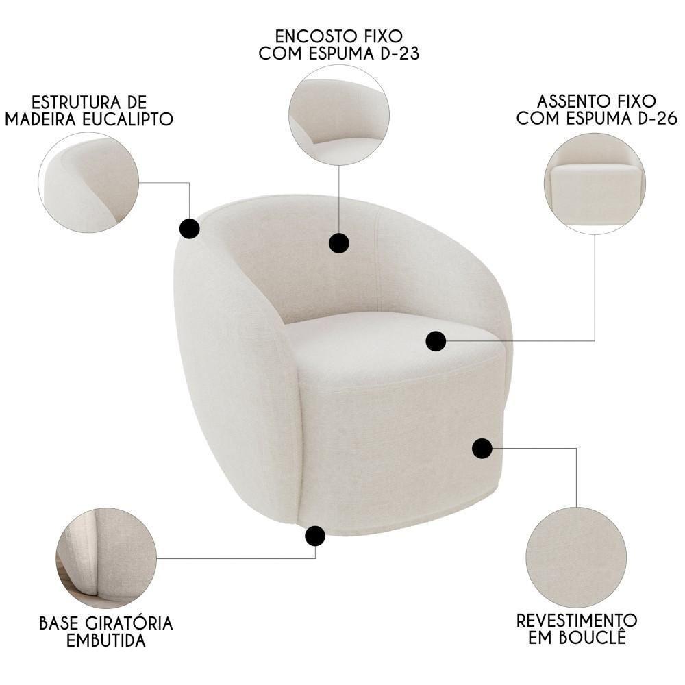 Sofá 3 Lugares Living 180cm E 1 Poltrona Giratória Garbin Z08 Boucle Bege - Mpozenato - 3