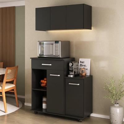 Kit Armário De Cozinha 93cm Com Balcão Multiuso Para Micro-ondas Multimóveis Mp2282 Preto