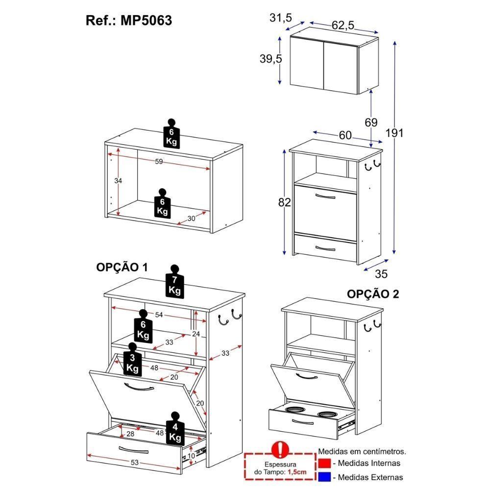 Kit Armário De Cozinha Aéreo 62,5cm Com Balcão Multiuso Multimóveis Mp5063 Branco - 4