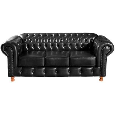Sofá Chesterfield Luís Xv 3 Lugares Vintage Retrô Capitonê Couro Preto