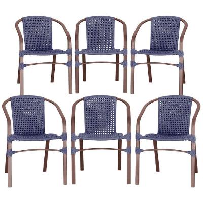 06 Cadeiras Floripa Alumínio Pintura Marrom Corda Nautica Tr Azul