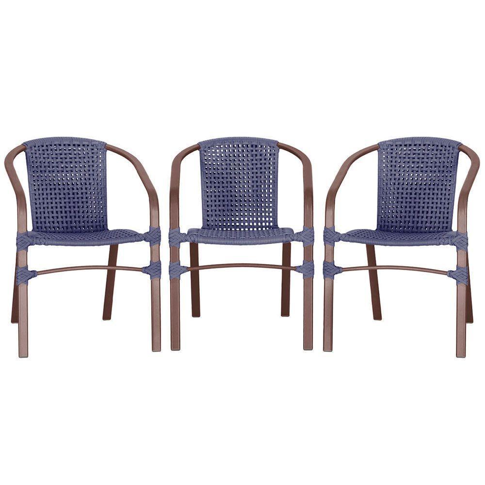 03 Cadeiras Floripa Alumínio Pintura Marrom Trama Original Azul - 1