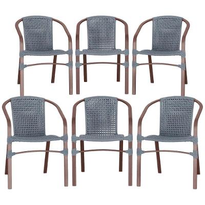06 Cadeiras Floripa Alumínio Pintura Marrom Corda Nautica Tr Prata