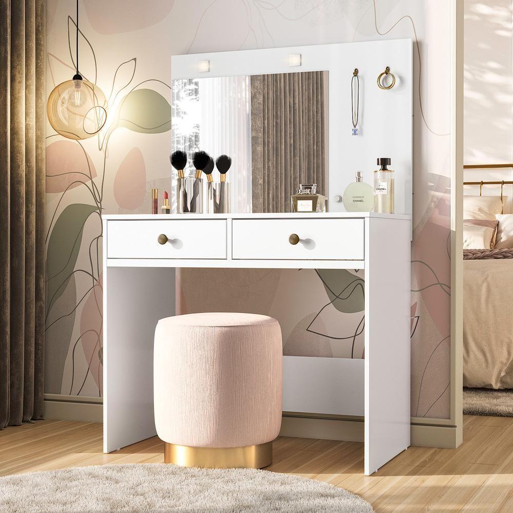 Penteadeira Com Espelho Camarim Ideal Led 2 Gavetas Branco Moval Branco - 2