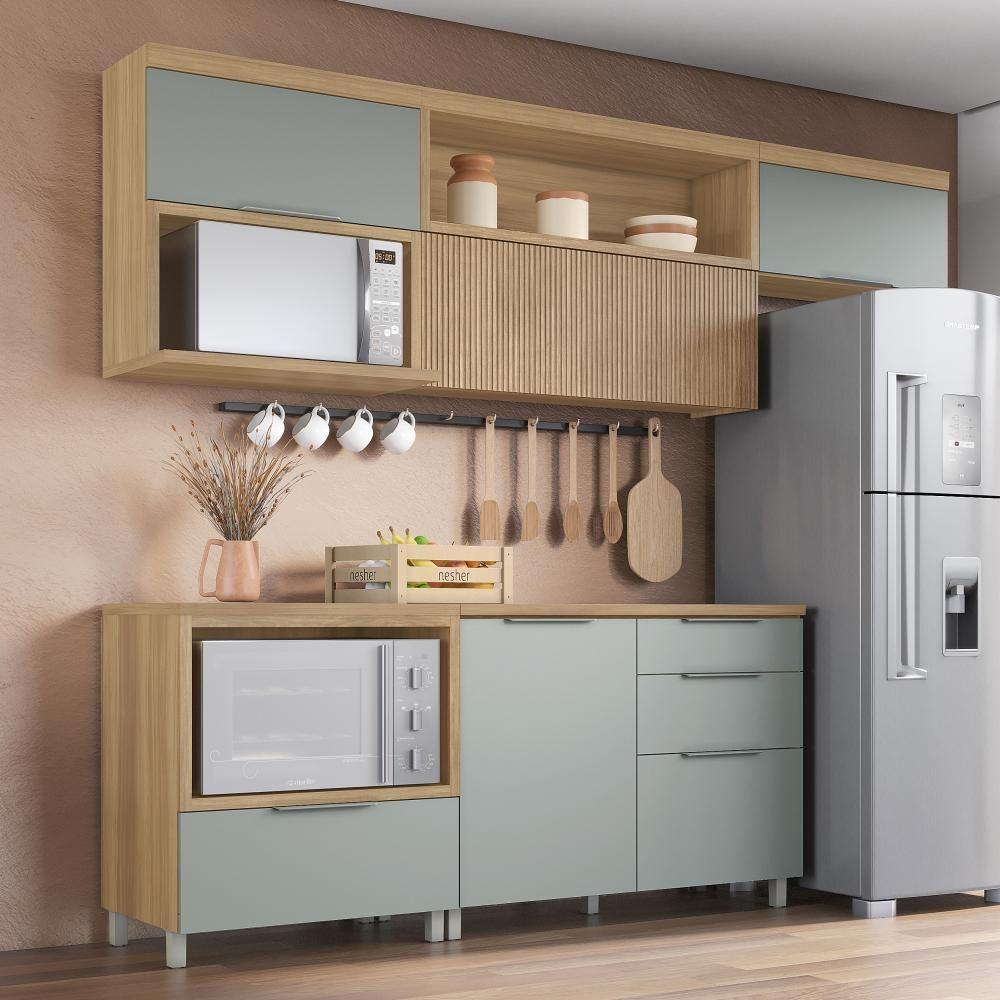 Cozinha Modulada 5 Peças E 5 Gavetas 100% Mdf Marquesa Nature/verde Nesher Nature/verde - 1
