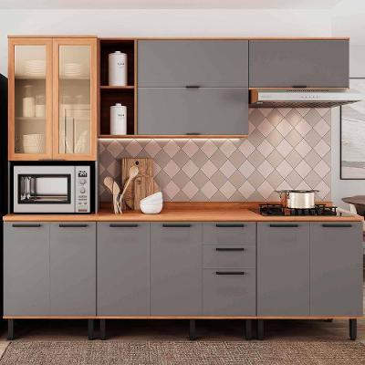 Armário De Cozinha Castanha 2700mm Paneleiro C/ Vidro 5 Peças - Cinza/freijó