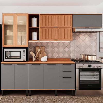 Armário De Cozinha Castanha 2700mm Com Vidro E Ripado 4 Peças - Cinza/freijó