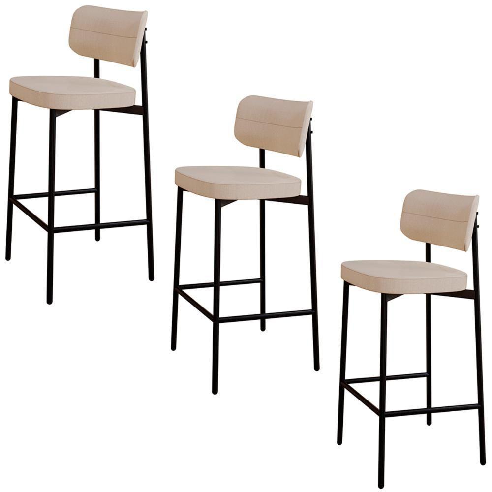 Banqueta Alta Bar Estofada Kit 3 Ella M25 Linho Areia - Mpozenato - 1