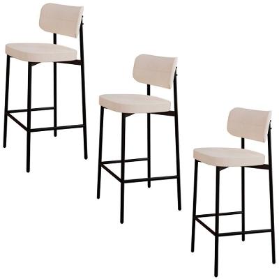 Banqueta Alta Bar Estofada Kit 3 Ella M25 Linho Palha - Mpozenato