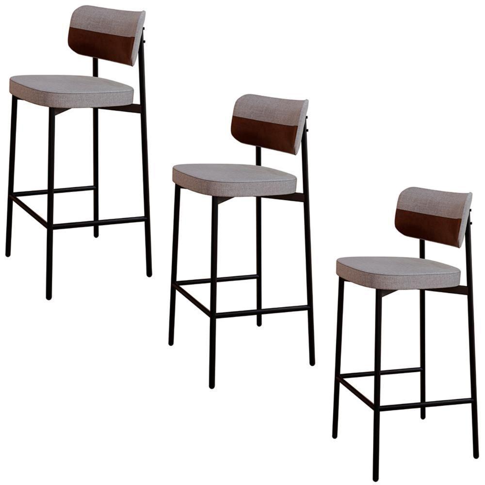 Banqueta Alta Bar Estofada Kit 3 Ella M25 Linho Cinza Cl-marrom - Mpozenato - 1