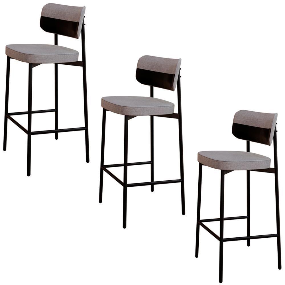 Banqueta Alta Bar Estofada Kit 4 Ella M25 Linho Cinza Cl-preto - Mpozenato - 1