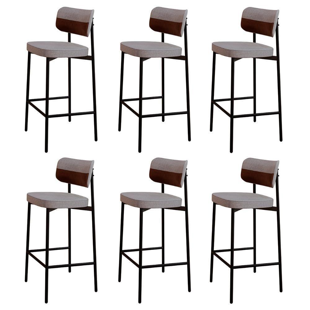 Banqueta Alta Bar Estofada Kit 6 Ella M25 Linho Cinza Cl-marrom - Mpozenato - 1