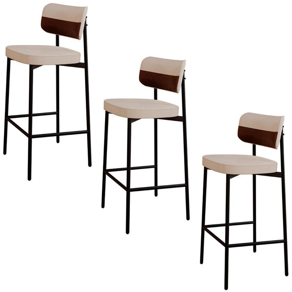 Banqueta Alta Bar Estofada Kit 3 Ella M25 Linho Areia-café - Mpozenato - 1