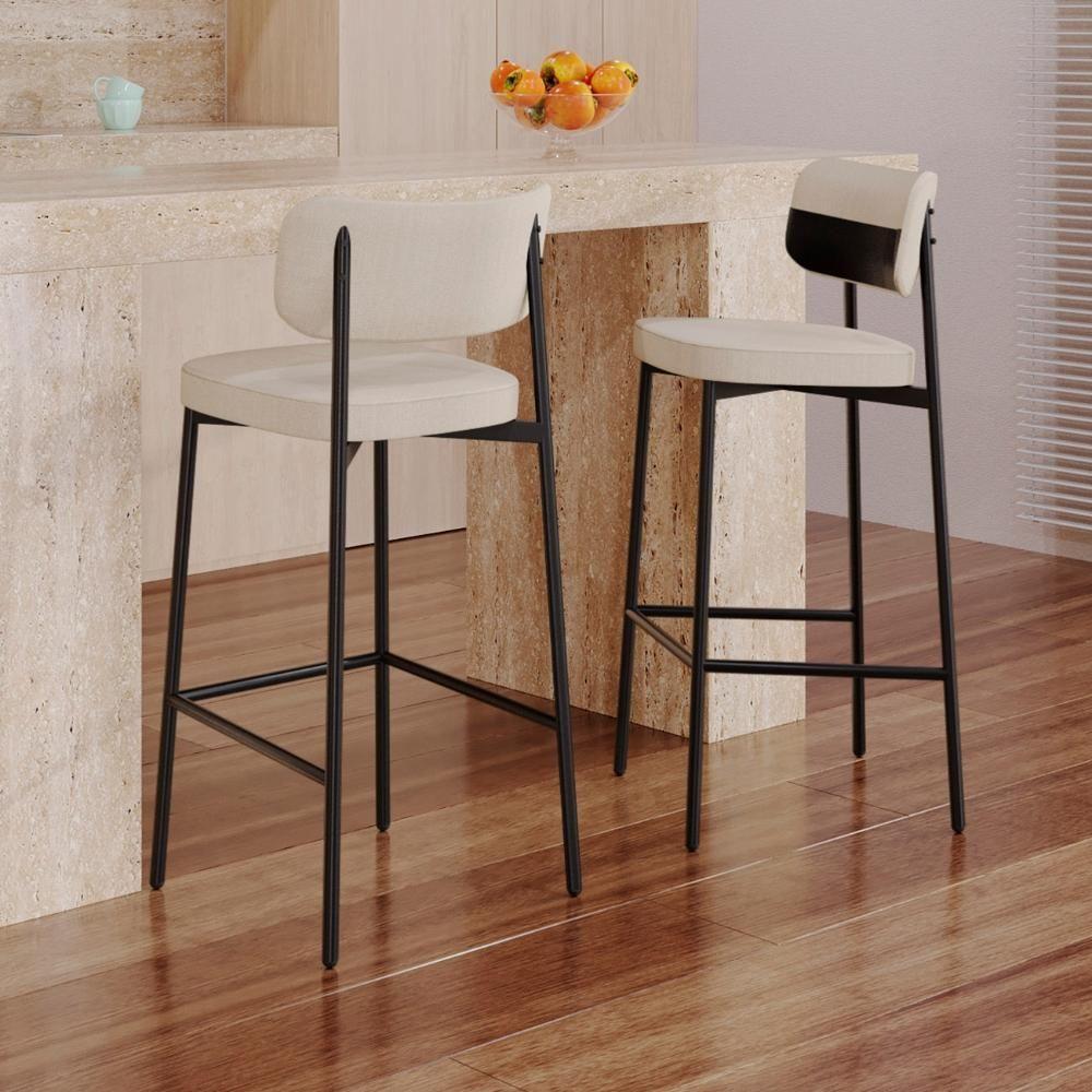 Banqueta Alta Bar Estofada Kit 3 Ella M25 Linho Areia-preto - Mpozenato - 2