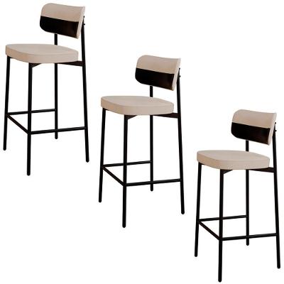 Banqueta Alta Bar Estofada Kit 3 Ella M25 Linho Areia-preto - Mpozenato
