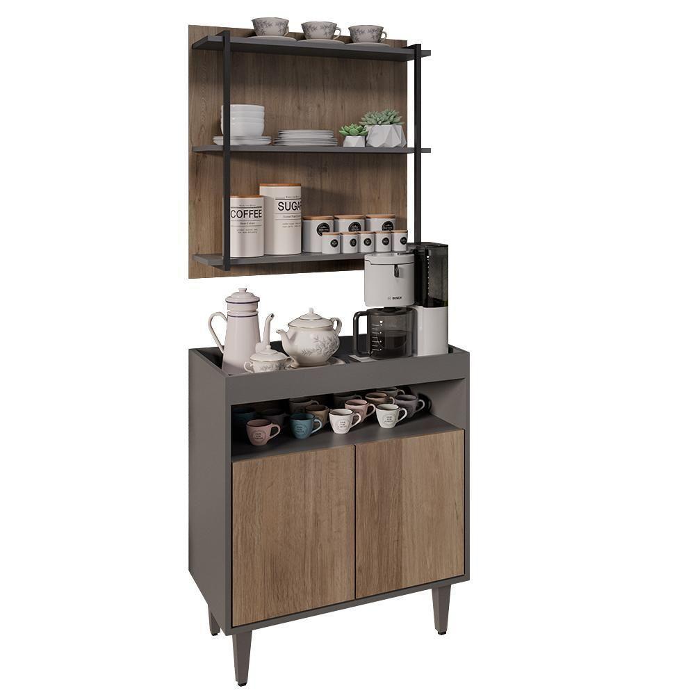 Aparador Cantinho Do Café E Painel 3 Prateleiras Flora Z34 Grafite-freijó - Mpozenato - 1