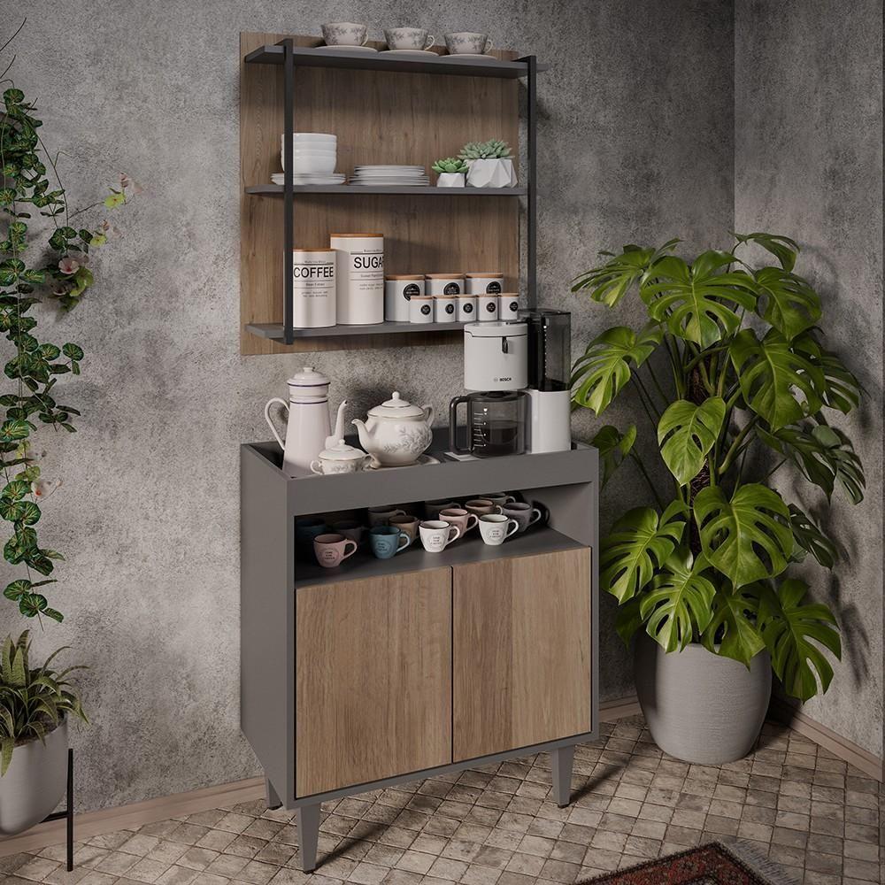 Aparador Cantinho Do Café E Painel 3 Prateleiras Flora Z34 Grafite-freijó - Mpozenato - 2