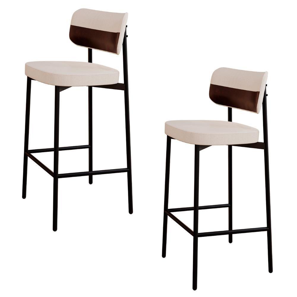 Banqueta Alta Bar Estofada Kit 2 Ella M25 Linho Palha-café - Mpozenato - 1