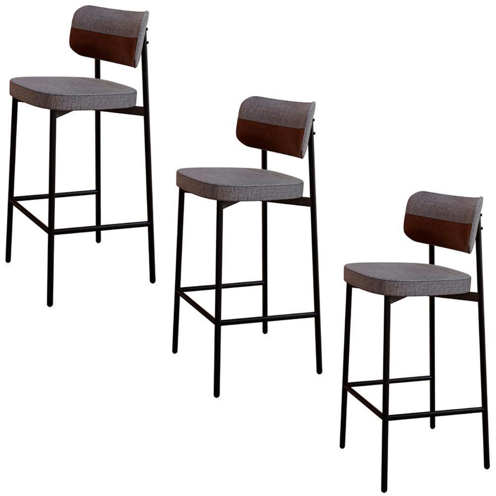 Banqueta Alta Bar Estofada Kit 3 Ella M25 Linho Cinza-marrom - Mpozenato - 1