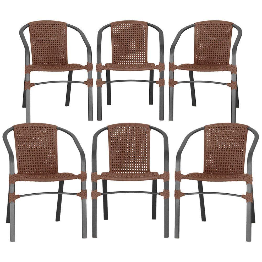 06 Cadeiras Floripa Alumínio Pintura Preta Trama Original Marrom - 1