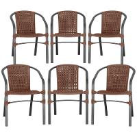 06 Cadeiras Floripa Alumínio Pintura Preta Trama Original Marrom - 1