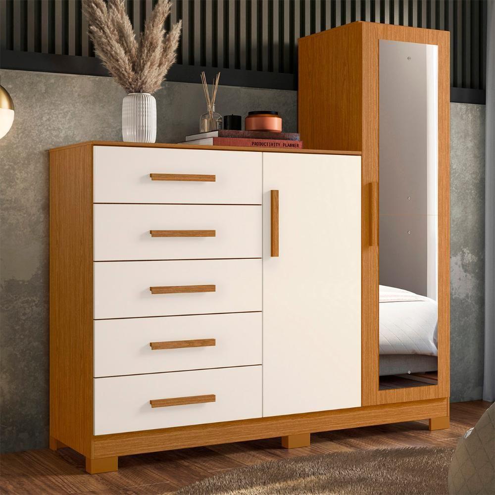 Guarda Roupa Cômoda Com Espelho 158cm Suiça A02 Off/cinamomo - Mpozenato - 2