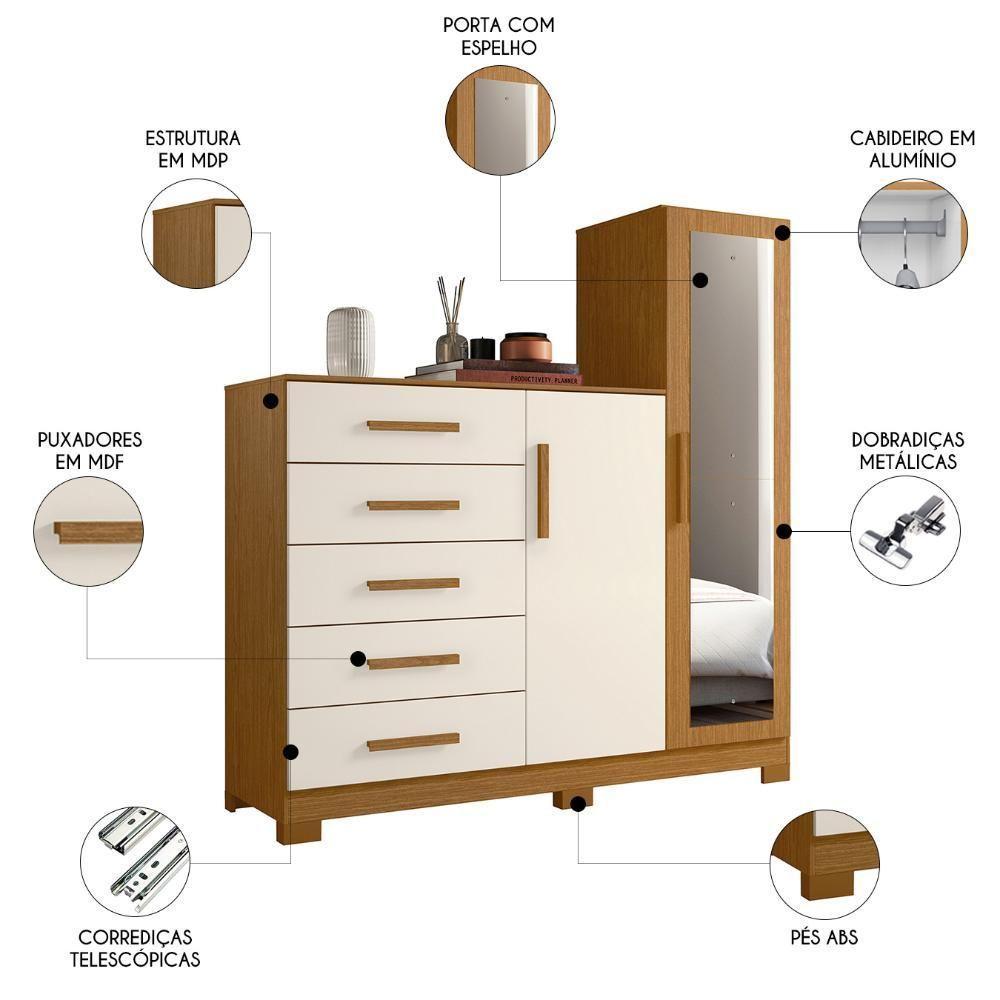 Guarda Roupa Cômoda Com Espelho 158cm Suiça A02 Off/cinamomo - Mpozenato - 3