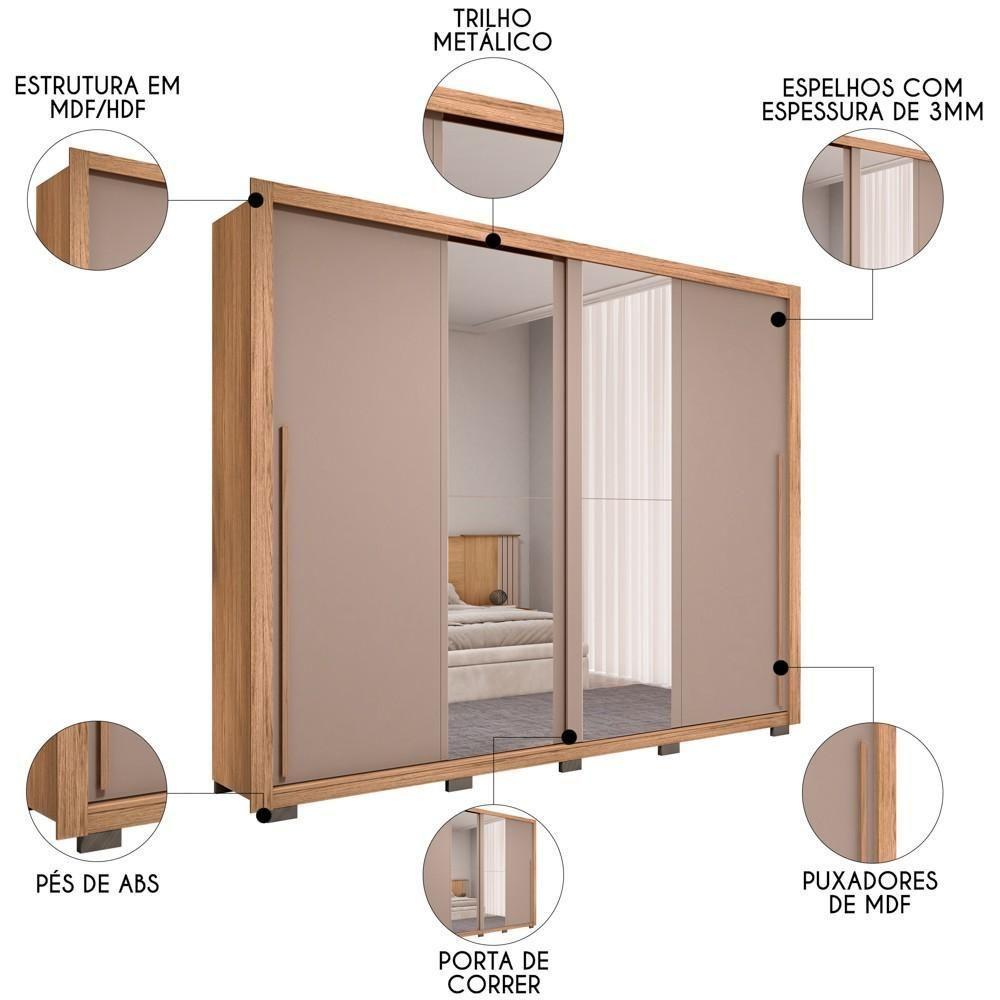 Guarda Roupa Casal 2 Portas De Correr Com Espelho Praticus Buriti/fendi - Caemmun - 3