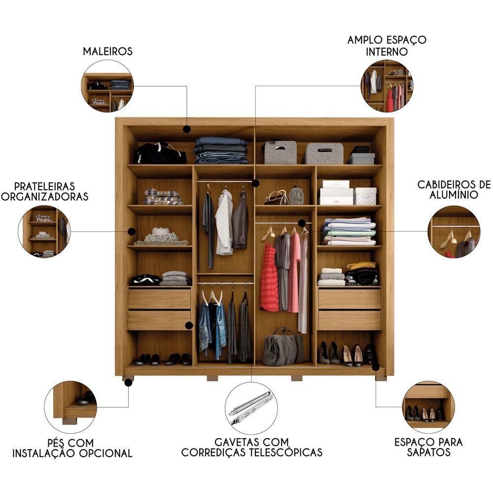 Guarda Roupa Casal 2 Portas De Correr Com Espelho Praticus Buriti/fendi - Caemmun - 5