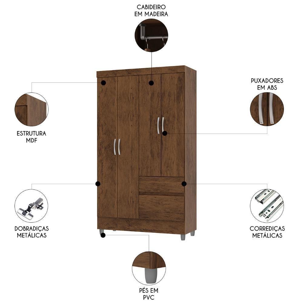 Guarda Roupa Solteiro 103cm Com 4 Portas Ideal Imbuia Rústico - Vila Rica - 3