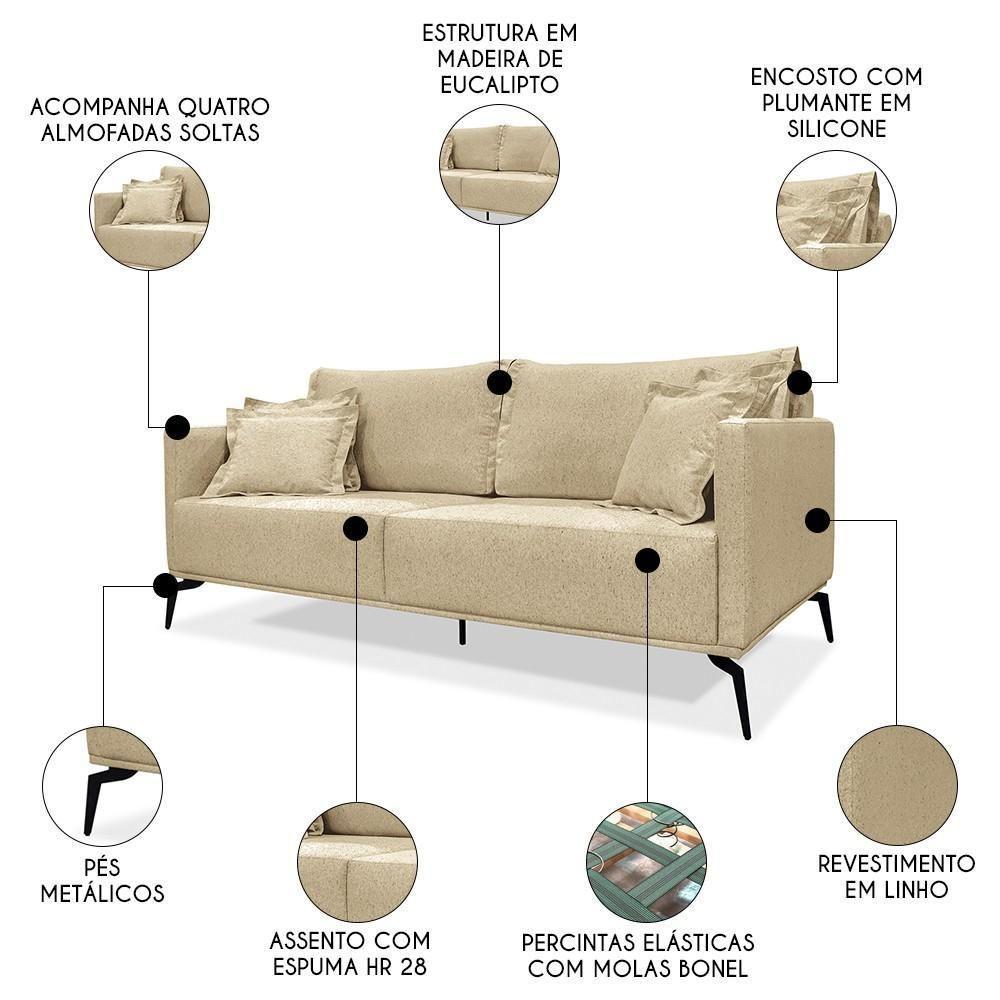Sofá 3 Lugares 220cm Pés De Metal Vecchia S06 Linho Dourado - Mpozenato - 3