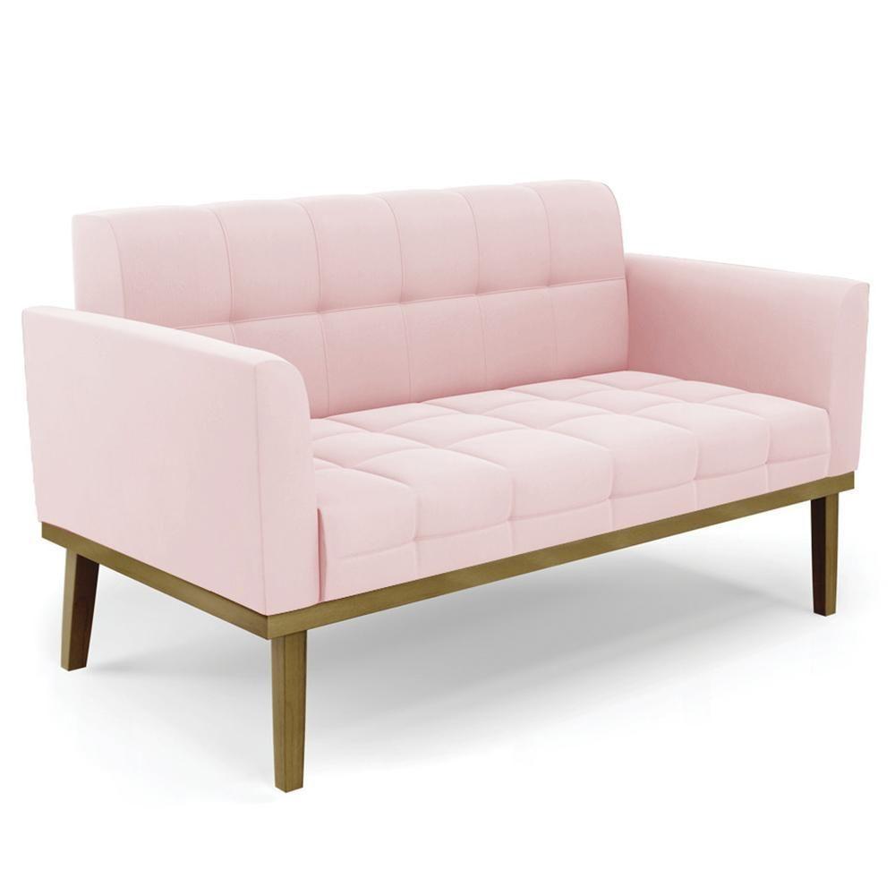 Sofá Namoradeira E 2 Poltronas Base Madeira Castanho Ana Suede Rosa Bebê - Ibiza - 3