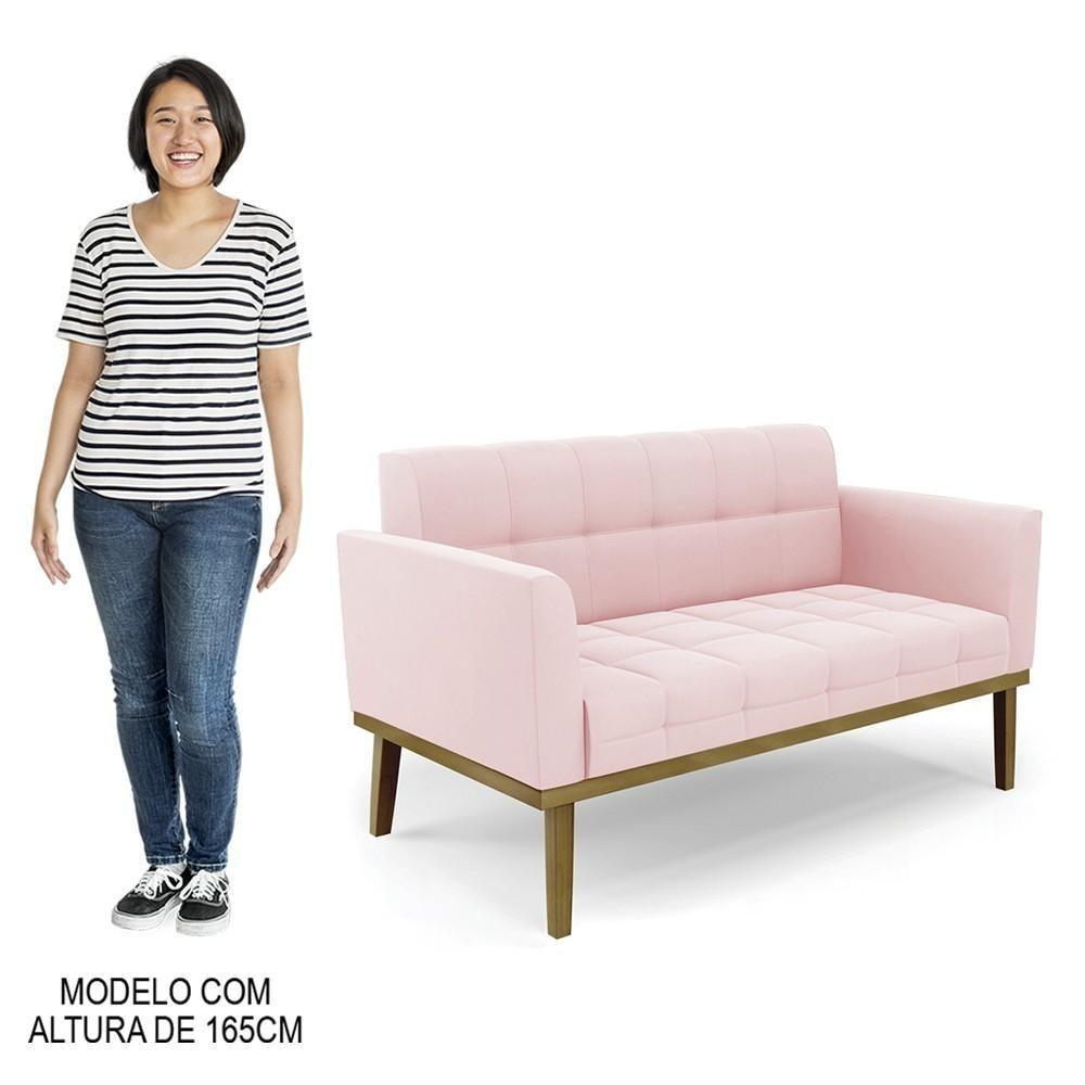 Sofá Namoradeira E 2 Poltronas Base Madeira Castanho Ana Suede Rosa Bebê - Ibiza - 8