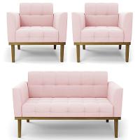 Sofá Namoradeira E 2 Poltronas Base Madeira Castanho Ana Suede Rosa Bebê - Ibiza - 1