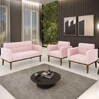 Sofá Namoradeira E 2 Poltronas Base Madeira Castanho Ana Suede Rosa Bebê - Ibiza