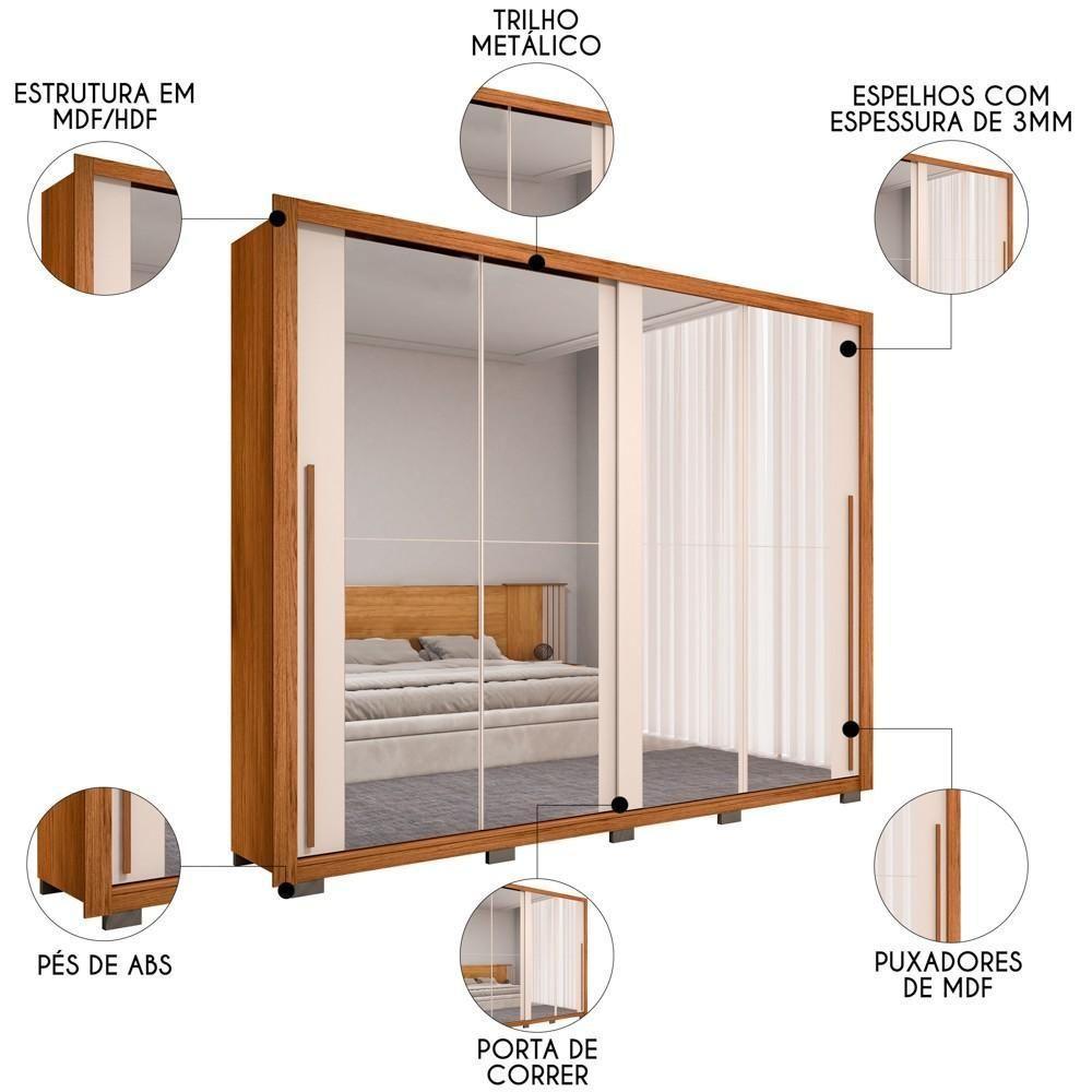 Guarda Roupa Casal 2 Portas De Correr E 8 Espelhos Praticus Freijó/off White - Caemmun - 4