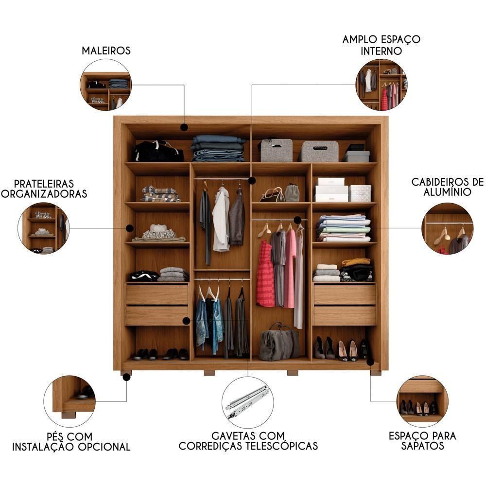 Guarda Roupa Casal 2 Portas De Correr E 8 Espelhos Praticus Freijó/off White - Caemmun - 6