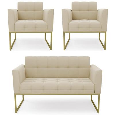 Sofá Namoradeira E 2 Poltronas Base Industrial Dourado Ana Suede Bege - Ibiza