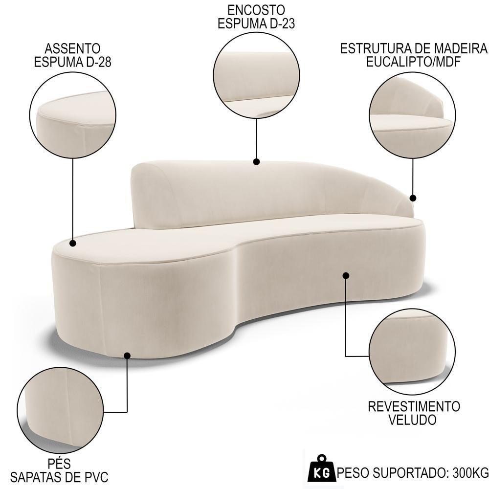 Sofá Living 3 Lugares 210cm Braço Direito Mozart D06 Veludo Bege - Mpozenato - 3