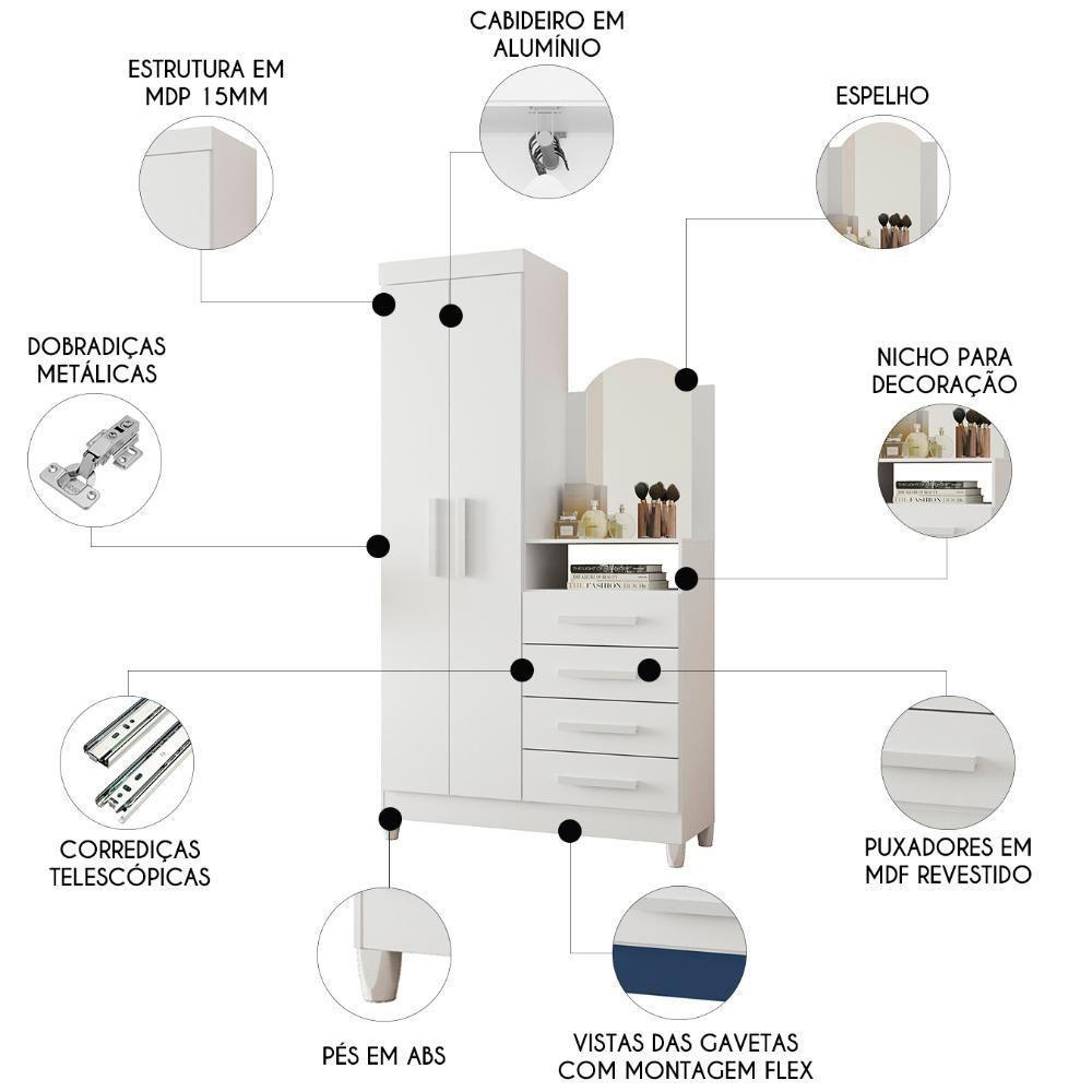 Guarda Roupa Cômoda Com Espelho 103cm Maite A02 Azul/rosa/titanium - Mpozenato - 3