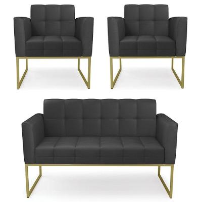 Sofá Namoradeira E 2 Poltronas Base Industrial Dourado Ana Sintético Preto - Ibiza