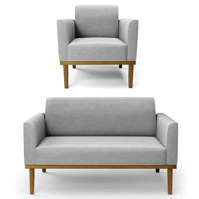 Sofá Namoradeira E 1 Poltrona Base Madeira Castanho Maressa Suede Cinza - Ibiza