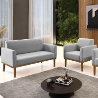Sofá Namoradeira E 1 Poltrona Base Madeira Castanho Maressa Suede Cinza - Ibiza - 2