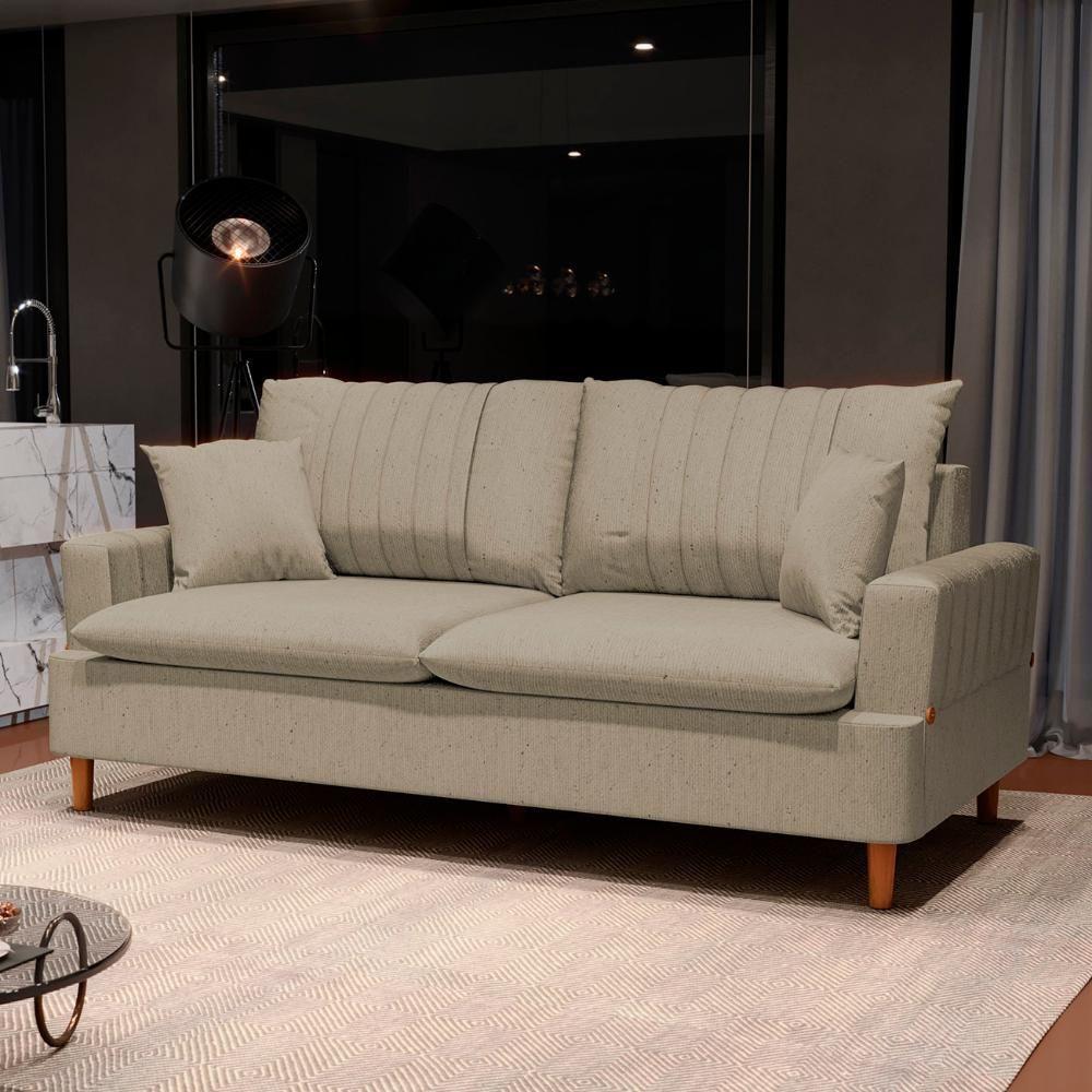 Sofá Living 3 Lugares 180cm Com Almofadas Veras D05 Linho Bege - Mpozenato - 7