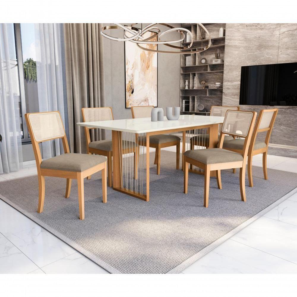 Conjunto Sala De Jantar Madeira Maciça 6 Cadeiras Kappesberg Off White Linho Fendi tela Bege - 1