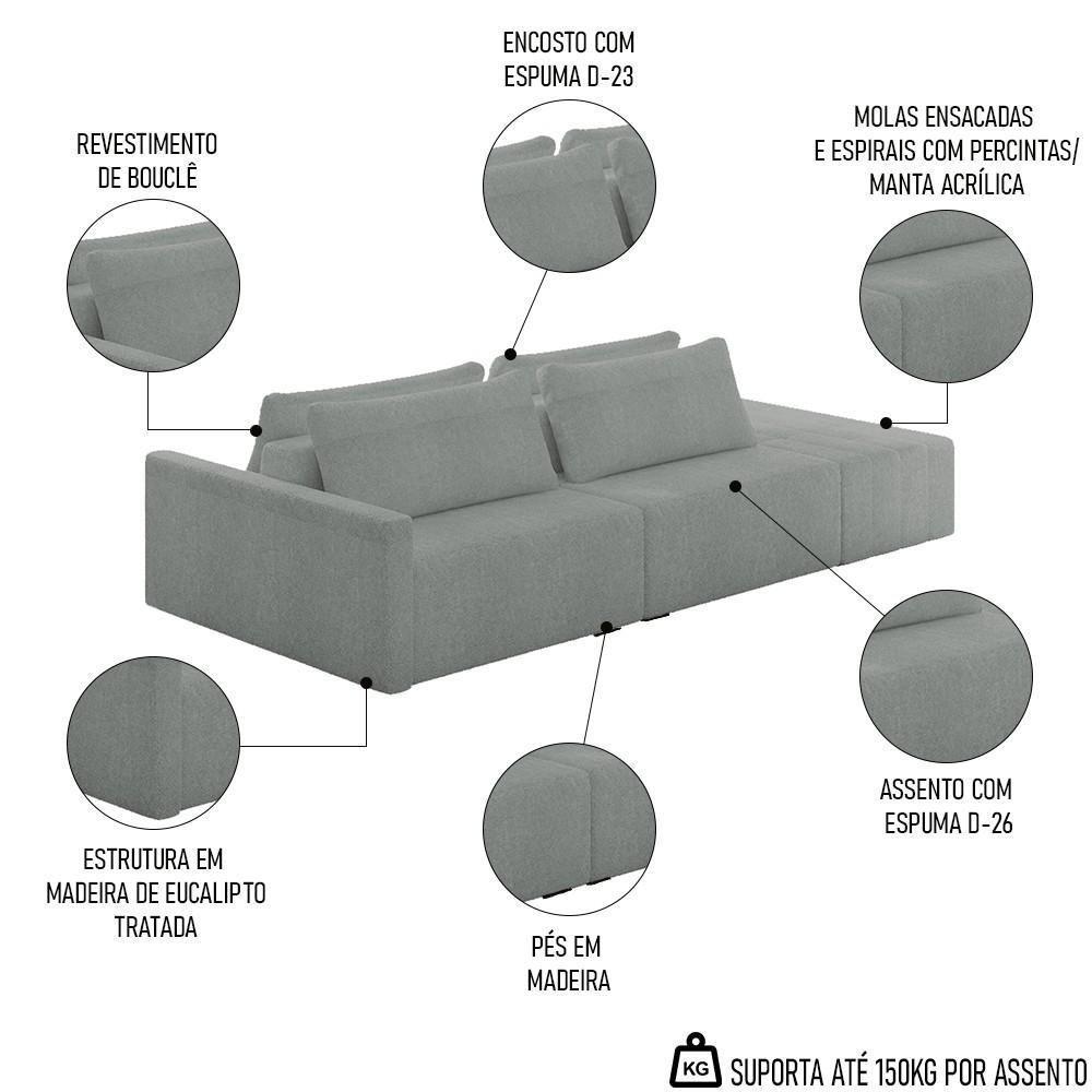 Sofá Ilha Modular Com Puff Para Sala Living 232cm Georgia Z08 Boucle Cinza Claro - Mpozenato - 3