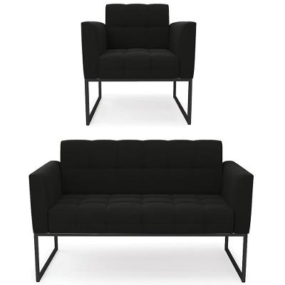 Sofá Namoradeira E 1 Poltrona Base Industrial Preto Ana Suede Preto - Ibiza
