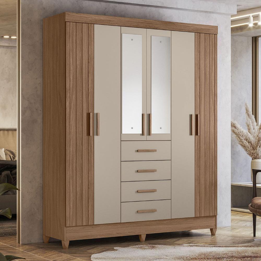 Guarda Roupa Casal 165cm Com Espelho Khani Carvalho/fendi Z17 - Mpozenato - 2